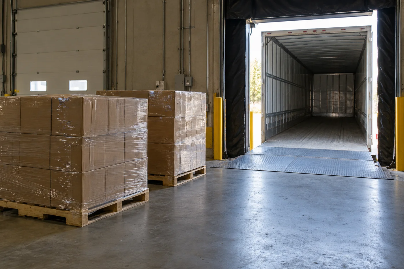 AI-generated view from inside a loading bay toward cargo and a freight trailer