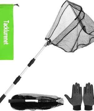 Folding Kayak Fishing Net with Aluminum Alloy Frame Rubber-Coated Nylon Net for Small Fishing Net Fishing Landing Net for Non-Slip Gloves Storage Bag
