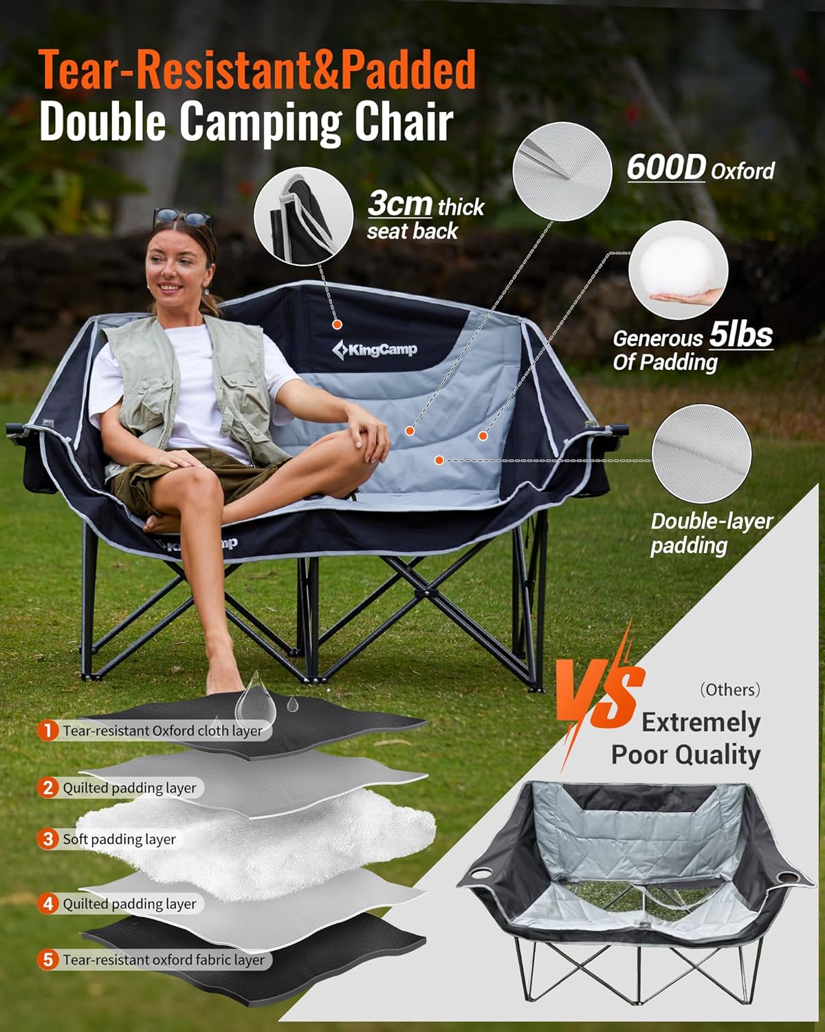 KingCamp Double Camping Chair, Oversized Heavy Duty Loveseat for Adults Portable Folding XL 2 Person Couch Padded Comfortable Two Seat with Cup Holder for Outdoor Lawn Backyard - Image 3