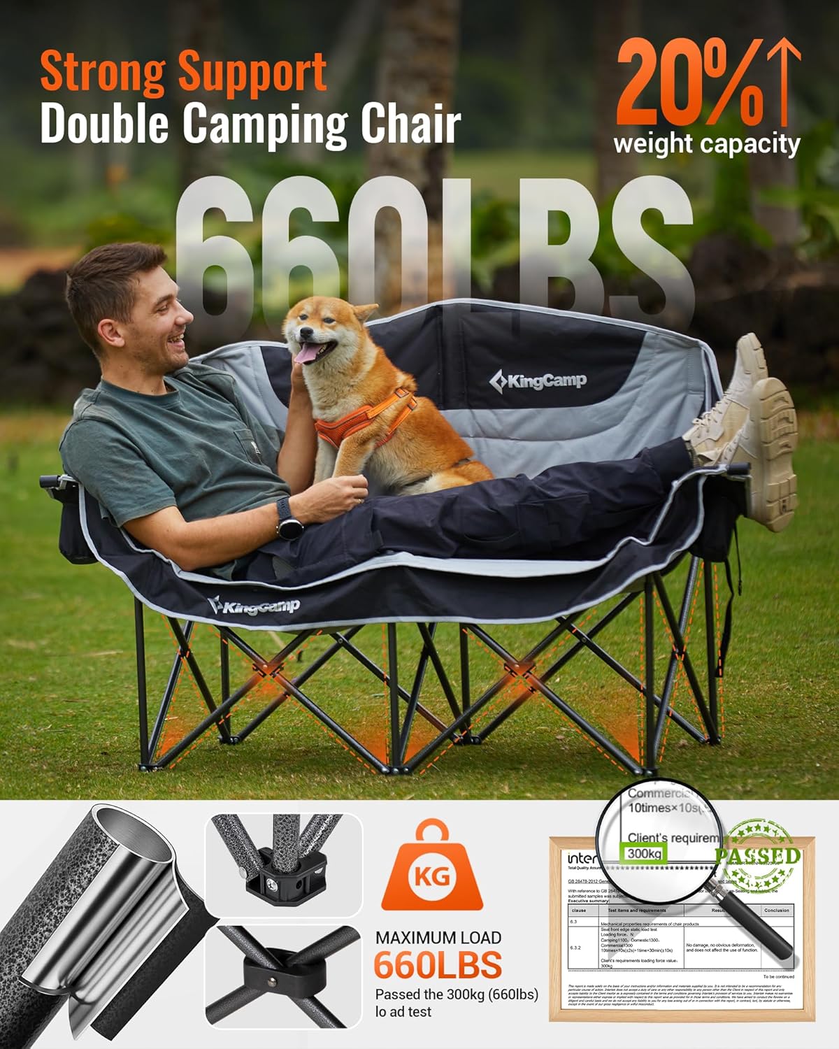 KingCamp Double Camping Chair, Oversized Heavy Duty Loveseat for Adults Portable Folding XL 2 Person Couch Padded Comfortable Two Seat with Cup Holder for Outdoor Lawn Backyard - Image 4