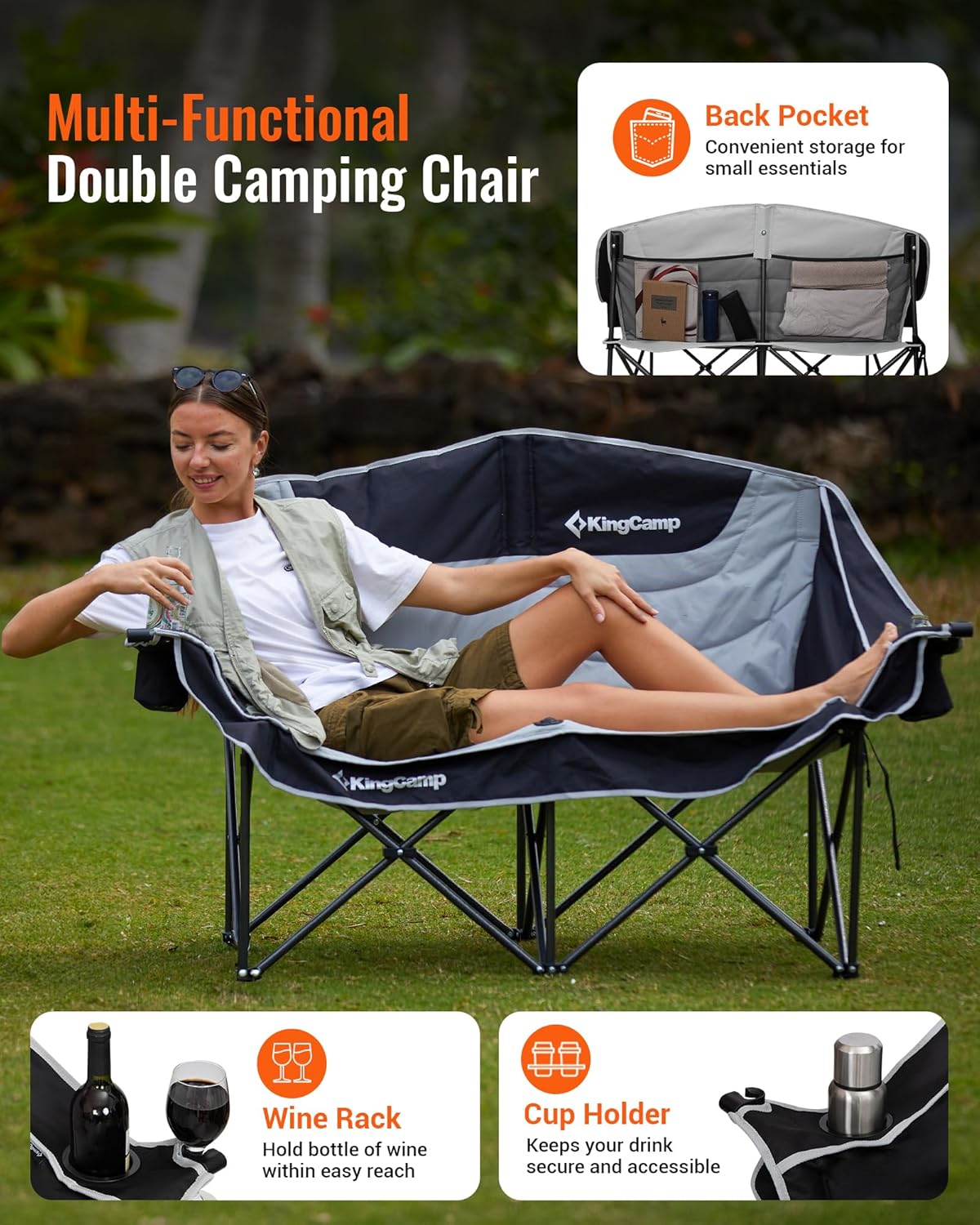 KingCamp Double Camping Chair, Oversized Heavy Duty Loveseat for Adults Portable Folding XL 2 Person Couch Padded Comfortable Two Seat with Cup Holder for Outdoor Lawn Backyard - Image 5