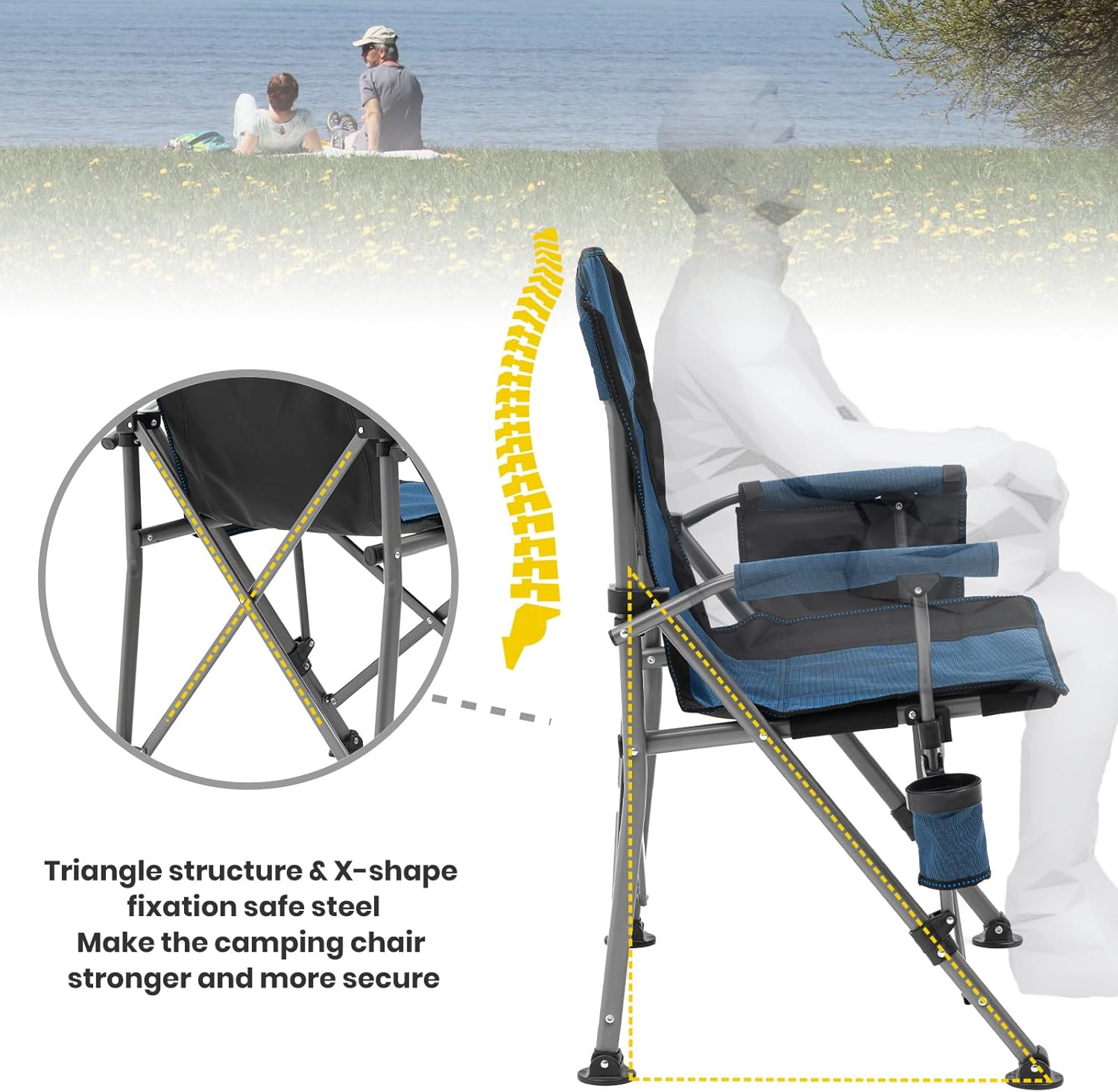 XGEAR Portable Camping Chairs for Adults with Padded Hard Armrest, Sturdy Folding Camping Chair with Cup Holder, Storage Pockets Carry Bag Included, Support to 300 lbs(Blue) - Image 5