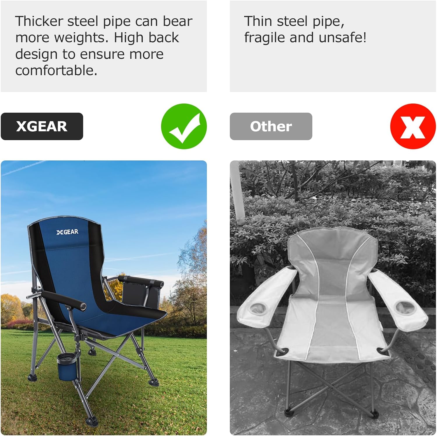 XGEAR Portable Camping Chairs for Adults with Padded Hard Armrest, Sturdy Folding Camping Chair with Cup Holder, Storage Pockets Carry Bag Included, Support to 300 lbs(Blue) - Image 6