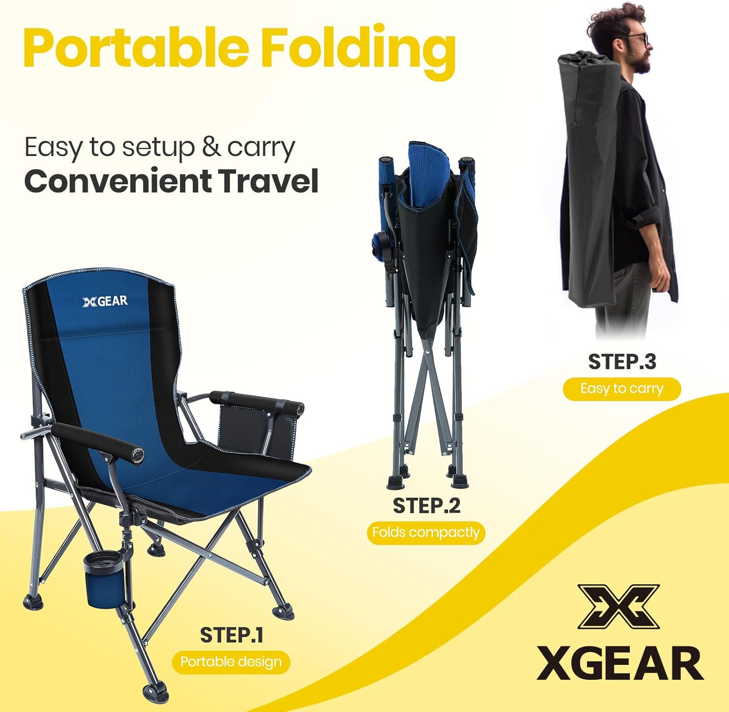 XGEAR Portable Camping Chairs for Adults with Padded Hard Armrest, Sturdy Folding Camping Chair with Cup Holder, Storage Pockets Carry Bag Included, Support to 300 lbs(Blue) - Image 8